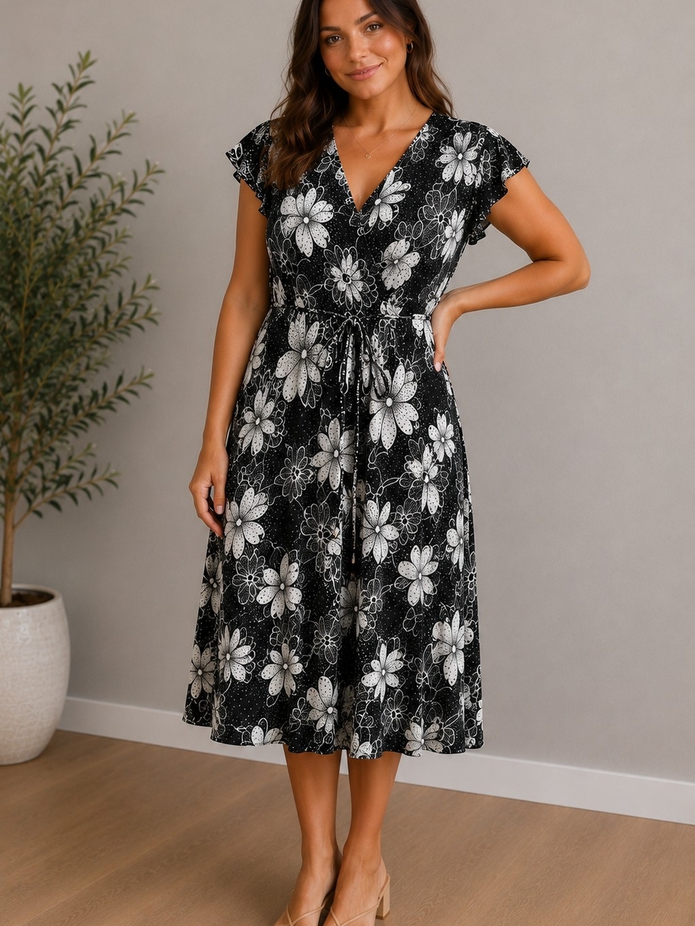 Black Floral Wrap Midi Dress with Tie Waist - Women's
